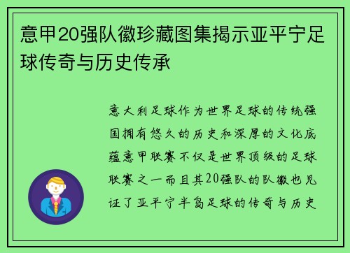 意甲20强队徽珍藏图集揭示亚平宁足球传奇与历史传承