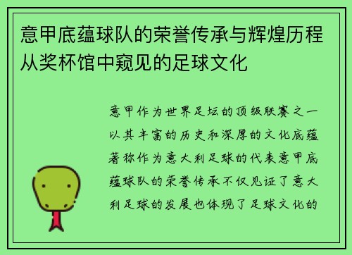 意甲底蕴球队的荣誉传承与辉煌历程从奖杯馆中窥见的足球文化