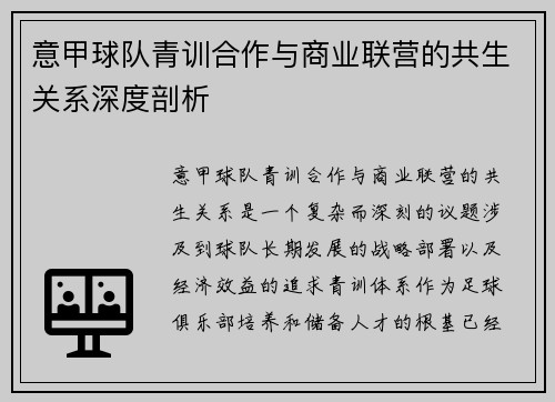 意甲球队青训合作与商业联营的共生关系深度剖析